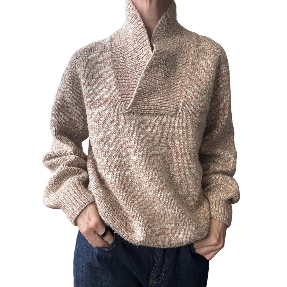 Handknit Tan Marled Shawl Collar Pullover Sweater Chunky Raglan Knit Womens